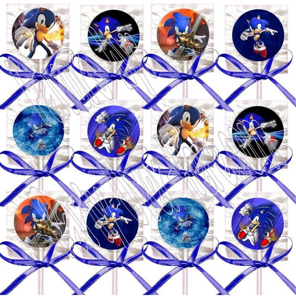 Sonic The Hedgehog Party Favors Supplies Decorations Video Game Lollipops Suckers with Dark Blue Ribbon Bows Favors -12 pcs