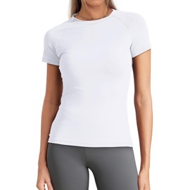 WIHOLL Workout Tops for Women Athletic Shirts Short Sleeve Breathable Yoga Tops Fitted Shirts White L