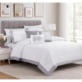 10-Piece Casual Hotel-Inspired Style Satin Comforter with Sheets Set Queen Size | Elegant Super Soft Cozy Comfortable Classic Luxury Touch | Pretty Printed Damask Pattern Sheets Silver White Bedding