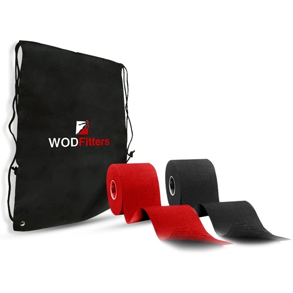 WODFitters Pro Kinesiology Tape for Athletes - Waterproof - Extra Durable - 2" x 16.5' Uncut Therapeutic Tape (2 Pack, Black/Red Combo)