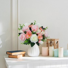 Fake Flowers, 19pcs Faux Spring Floral Bouquet of Peony Tulips Artificial Flowers with Eucalyptus, Fake Plants Silk Flowers Spring Decorations for Home Room Kitchen Wedding Mother's Day Easter Decor