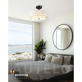 AUTELO Black Semi Flush Mount Ceiling Light, 3-Light 18" Flush Mount Ceiling Light in Black Finish with Drum Fabric Shade for Hallway Bedroom Kitchen, C2506 BK-18