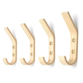 miidoo Wooden Wall Hanging Hooks Wall Hangers J-Shaped Scandinavian Clothes Cord Hanging Hat Entryway Bedroom (Oak, Set of 4)