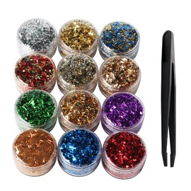 VGSEBA 12 Colors Nails Decorative Flakes - 12 Bottles 1g Broken Gold Leaf (12g Total) for Crafts, DIY Nail Art