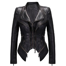 chouyatou Women's Fashion Studded Perfectly Shaping Faux Leather Biker Jacket (X-Large, New-Black)