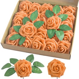 homEdge Artificial Rose, 25pcs Foam Artificial Flowers with Stem for Home Decorations, Wedding Bouquets, Party, Certerpieces, Anniversaries-Orange