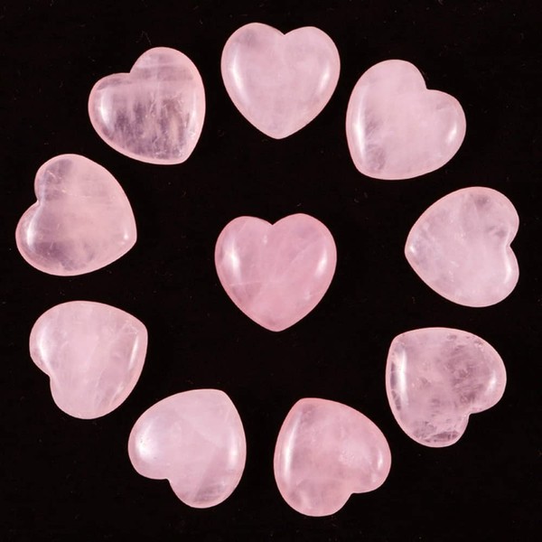NUOTE 10pcs 0.8 Inches Small Heart Shaped Worry Stone Set Bulk Rose Quartz Stone Pink Crystal Shiny Carved Natural Crystal Quartz Polished Oval Pocket Palm Gemstones for Healing, Reiki, Gift, Decor