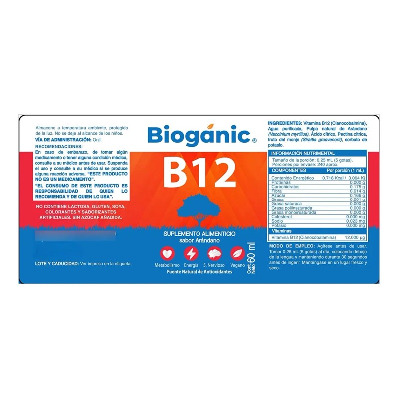 Vitamina B12 Líquida Bioganic 240 Tomas Con Sabor Arándano
