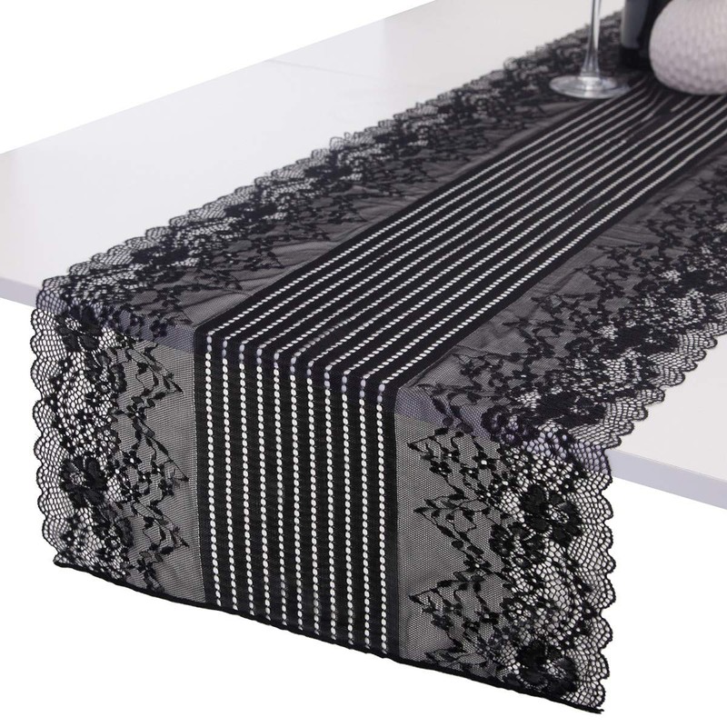 mookaitedecor Black Lace Table Runner for Wedding Decor,Embroidered Floral Table