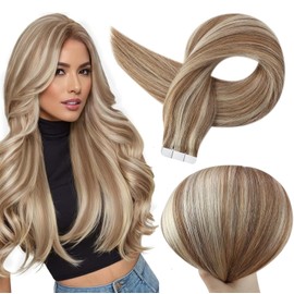 Full Shine Tape in Remy Human Hair Extensions Highlighted Tape ins Color 10/613 Golden Brown and Blonde Extensions 50 Grams 20 Pieces Hair Extensions for Women