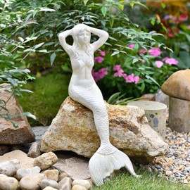 Sungmor 14.3" Tall Large Cast Iron Mermaid Statue, Sitting Mermaid Sculpture Decoration for Pool Pond Birdbath Shelf Desk, Rustic White Garden Figurines for Indoor Outdoor Fish Tank Fountain Rockeries