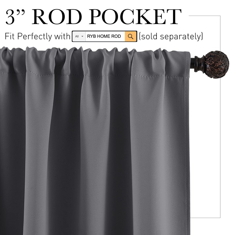 RYB HOME Grey Blackout Curtains - Thermal Insulated Noise Reducing