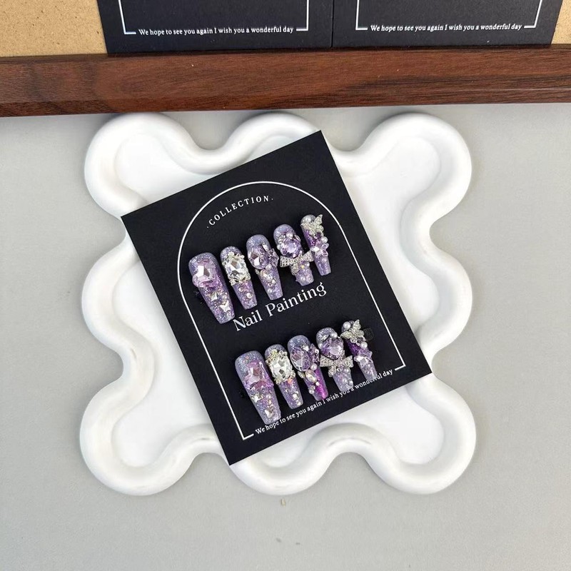 100% Handmade Press on Nails Diamond Long Coffin Fake Nails