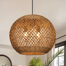 Arturesthome 2-Light Boho Coastal Rattan Pendant Light Fixture Woven Round Pendant Lampshade Rattan Chandelier for Hallway Bedroom Entryway Living Room