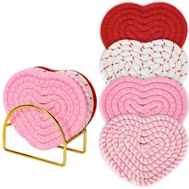 Whaline Heart Coasters Handmade Braided Heart Cotton Coasters Pink Red Cup Mat with Golden Holder Anti Slip Absorbent Drinks Mat for Valentine's Day Home Restaurant Housewarming, 4Pcs