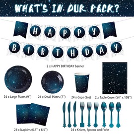 Tiamon 171 Pcs Galaxy Space Party Decoration Tableware Set Space Theme Birthday Decoration Galaxy Tablecloth Paper Plates Napkins, Birthday Banner for 24 Guests Party Supplies (Fresh Style)