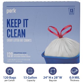 Staples Perk Kitchen Trash Bags, 13 Gallon Garbage Can Liners, Drawstring Closure, Great for Home, Office, Classroom, 120-Pack, White