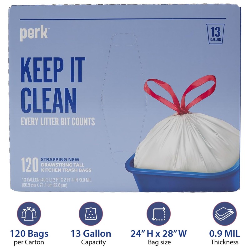 Staples Perk Kitchen Trash Bags, 13 Gallon Garbage Can Liners,