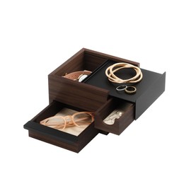 Umbra Mini Stowit Jewelry Box - Modern Keepsake Storage Organizer with Hidden Compartment Drawers for Ring, Bracelet, Watch, Necklace, Earrings, and Accessories, Black/Walnut