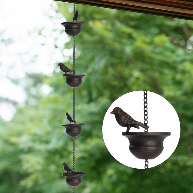Gutter Rain Chain, Outdoor Rain Chain, Bird on Cup Gutter