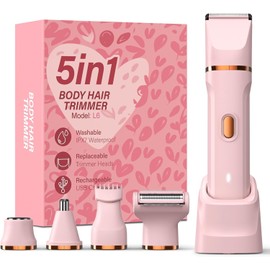 5-in-1 Bikini Trimmer for Women, IPX7 Waterproof Electric Razors Shaver, Cordless Body Hair Trimmer, Facial & Pubic Hair Removal, Ceramic Blade (Pink)