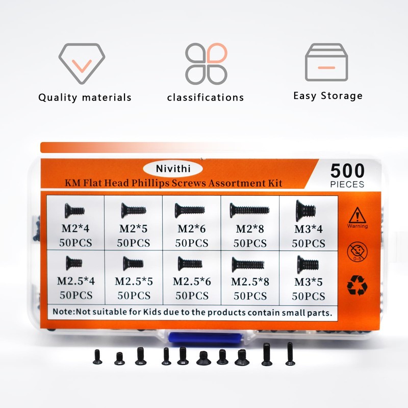 Nivithi 500pcs M2 M2.5 M3 Laptop Replacement Screws Kit,Flat Head