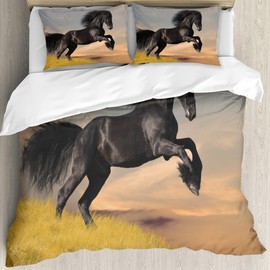 Horse Motif Duvet Cover, The Running Horse Motif Children's Bedding Set, 3D Print Animals Horse Motif Duvet Cover for Children, Boys, Teenagers with Zip and Pillowcase (Black1, 135 x 200 cm)