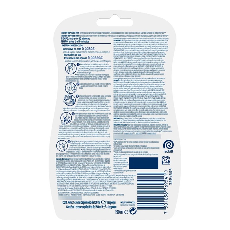 Crema Depilatoria Veet Pure & Fresh Piel Sensible 150 Ml