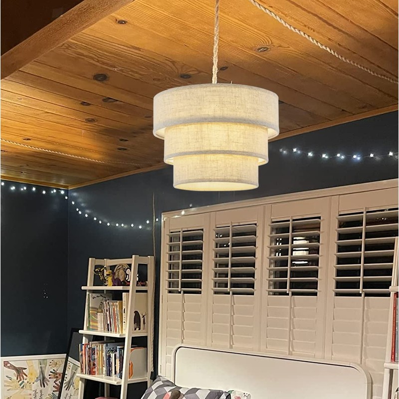 XININSUN 3-Tier Drum Linen Plug in Pendant Light with15ft Hemp
