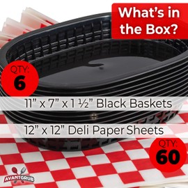 Retro Style Black Fast Food Basket (6 Pk) and Red Checkered Deli Liner (60 Pk) Combo. Classic 11 In Deli Baskets Are Microwavable and Dishwasher Safe. Disposable Deli Paper Squares for Easy Cleanup