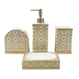 Hymmah Gold Bathroom Accessories Set,Farmhouse Bathroom Decor,4 Pcs Resin Gift Set Apartment Necessities, Contain Cotton Swab Jar,Soap Dispenser,Tumbler，Soap Dish/Tray