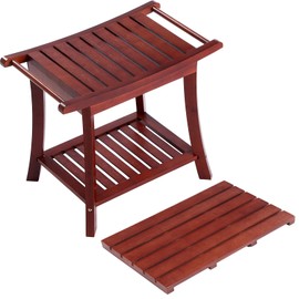 DoubleFill 2 Pcs Bamboo Shower Bench and Mat Set, Bath Stool Seat with Storage Towel Shelf 22" x 13" x 18.6" and Shower Mat Nonslip 21.26'' x 14.17'' x 1.3'' Suitable for Spa Home Bathroom Outdoor