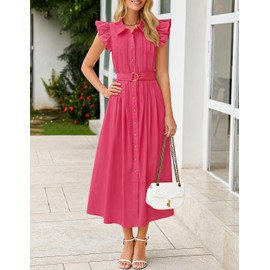 ZESICA Women's 2025 Summer Boho Button Midi Dresses Casual V Neck Flutter Sleeve Belted Long Dresses with Pockets,Rose Pink,X-Large