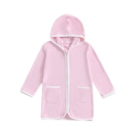 Biayxms Girls Boys Terry Cloth Swim Cover Up Zip Up Long Sleeve Hooded Bathing Suit Coverup Beach Pool Robe Cover-Up Kimono (Pink, 5-6 Years)