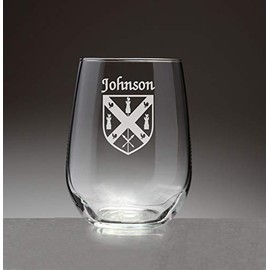 Johnson Irish Coat of Arms Stemless Wine Glasses (Sand Etched)