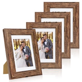 Hongkee 5x7 Picture Frame Set of 4, Made of Real Glass and Rustic Brown Wooden Frame, 5 by 7 Photo for Wall or Tabletop - Display Picture 4x6 with Mat or 5x7 Without Mat
