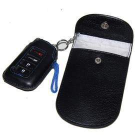 Genuine Leather Car Key Signal Blocker Case, Faraday Bag RFID Key Fob Antitheft Lock Devices RFID/WiFi/GSM/LTE/NFC Protector (Black)