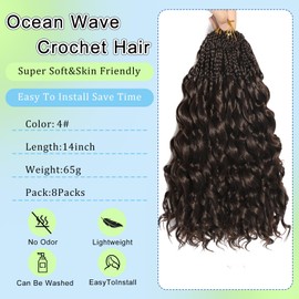 FLWAI Pre Looped Ocean Wave Crochet Hair 14 Inch 8 Packs Boho Style Hair Extensions Short Curly Crochet Hair Pre Twisted Synthetic Deep Wavy Curly Braiding Hair for Women (4#)