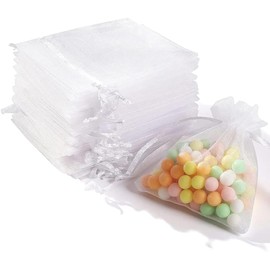 100 Bolsas de Regalo de Organza Transparente con Cordón, 10 x 7 cm (Blanco) Bolsas de Regalo de Boda, Bolsas de Regalo de Joyería Pequeñas para Fiestas, Festivales, Joyas y Jabones de Baño