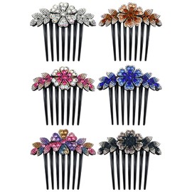 Lawie 6 Pack Luxury Sparkly Glitter Flower Leaf Rhinestone Black Plastic Side French Twist Hair Combs Long Teeth Slide Hairpins Barrettes Bun Chignon Clips Long Thick Hair Holder Accessories for Women