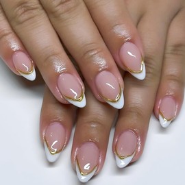 KQueenest White French Tip Press On Nails Almond Medium With 3D Gold Line Design, Cute Fake Nails Press ons Natural Nude Handmade White French Tip Nails Glue on, Glossy Stick On Nails For Women 24 Pcs
