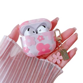 MINSCOSE Compatible with AirPods 4 Clear Case,Cute Cartoon Flower Pattern Design with Pretty Floral Keychain, Soft TPU Protective Shockproof Cover for AirPods 4 for Women Girls-Pink