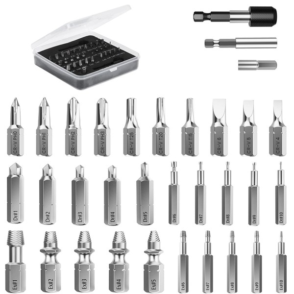 Nuovoware Damaged Screw Extractor Set, Upgraded 33 PCS Easy Out Stripped Screw Extractor Kit, All-Purpose HSS Broken Screw Remover Set with 2 Magnetic Extension Bit Holder & Socket Adapter