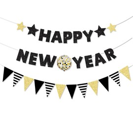 Happy New Year Banner, Cardstock Banner for Eve Party Decor, Black, Golden, Glitter Letter Flag Star for 2026 New Year Party Decoration Photo Sign Prop
