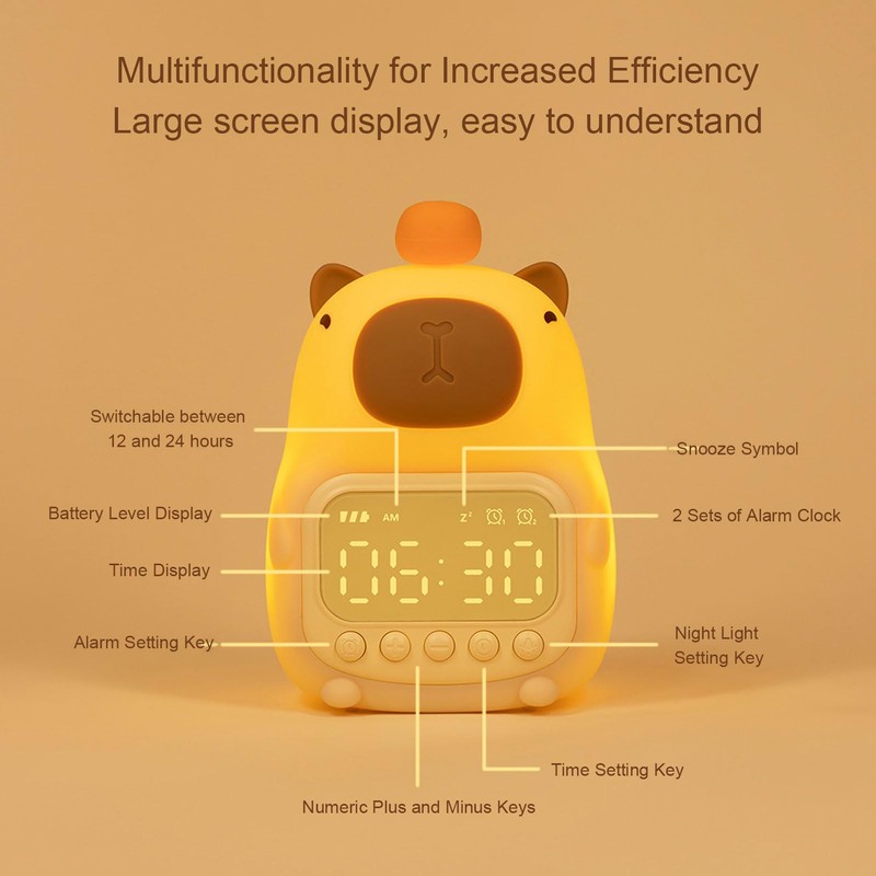 Cute Capybara Alarm Clock Night Light, for Kids and Adults,