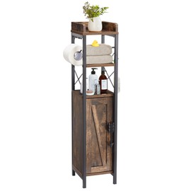 VECELO Small Cabinet, Slim Toilet Paper Holder with Door & 2 Shelves, Upgraded Narrow Storage Organizer for Restroom Bathroom Tiny Space,Fenced Top Waterproof Coating, Rustic Brown