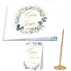 Juego de Libro de Invitados de Boda Libro de Visitas de Memoria Forrado con Bolígrafo Dorado y Soporte, Tarjeta de Mesa Guest Sign In Tapa Dura con Lámina Dorada, 7 x 9 Pulgadas