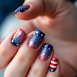 24pcs 4th of July Press on Nails Short Square Independence Day Fireworks Fake Nails with Designs Star False Nails Glue on Nails Fourth of July Patriotic Full Cover Stick on Nails for Women