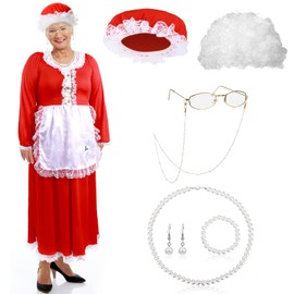 Laumoi 7 Pcs Women Santa Costume Set Christmas Claus Suit Dress Include Hat Wig Glasse Pearl Bracelet Necklace Earring(L)
