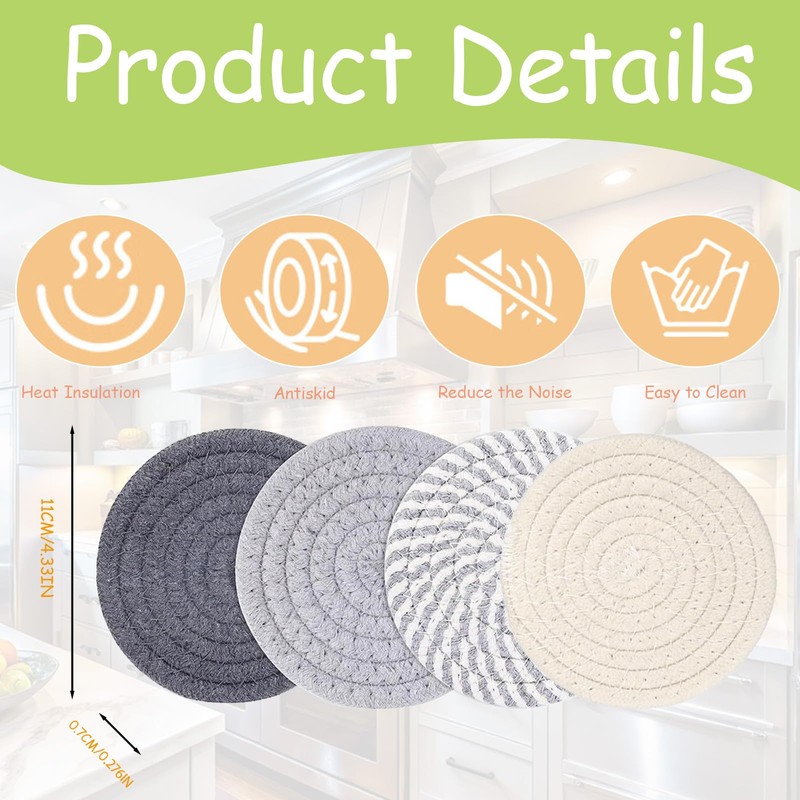 Coasters 4-Pack Absorbent Handwoven Cotton Coaster Set, Non-Slip Drink Coasters